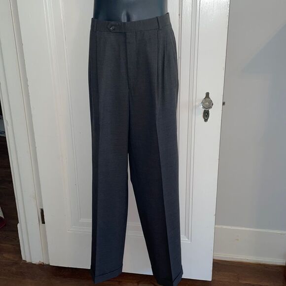 Vtg Burt Pulitzer black/gray small herringbone wool pleat front cuff hem pants - Picture 1 of 8